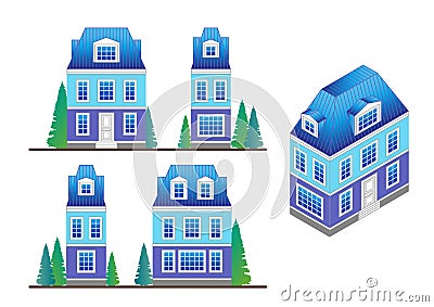 Set of country house facades in a classical style with a loft and dormer windows. Stock Photo