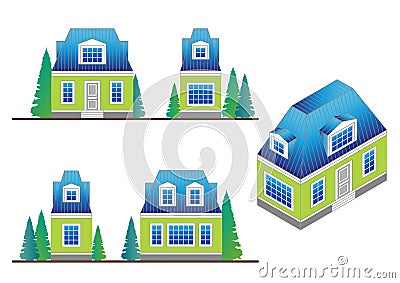 Set of country house facades in a classical style with a loft and dormer windows. Stock Photo