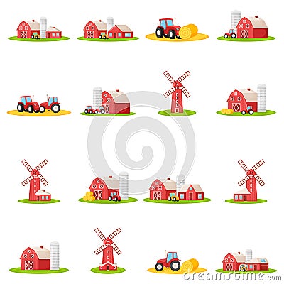 Set of country house with red barn, mill, farmer tractor and granary building on green farm field plot cartoon vector illustration Vector Illustration