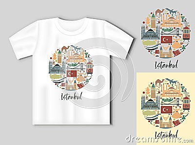 Traditional tourist symbols of Turkey in the form of cirle. Travel concept with t-shirt mockup. Vector Illustration