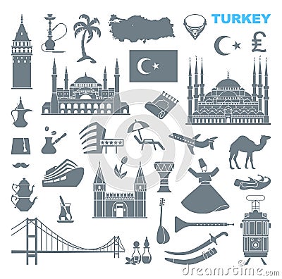 Set of country Turkey culture and traditional symbols. Collection of flat icons Vector Illustration