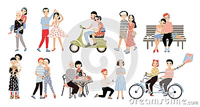 Set of couple in love. Different romantic situations walking, speaking, cycling, hugging, marriage proposal, dance, ride Vector Illustration