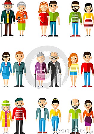 Set of couple people different age youth, maturity, old age. Vector Illustration