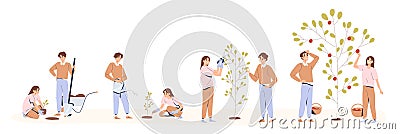 Set of couple planting and caring of tree stages vector flat illustration. Man and woman seedling, cultivation and Vector Illustration