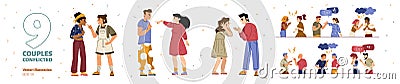 Set of couples conflict, quarrel, people swear Vector Illustration