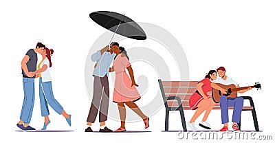 Set of Couples in Fall Love. Loving Man and Woman Kiss under Umbrella, Holding Hands, Singing Song, Playing on Guitar Vector Illustration