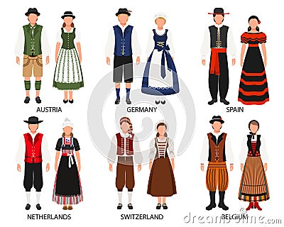 A set of couples in folk costumes of European countries. Austria, Germany, Spain, the Netherlands, Belgium, Switzerland. Vector Illustration