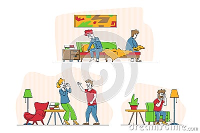 Set of Couples Quarrel, Domestic Violence and Spousal Abuse. Young People Swear at Home, Aggressive Man Yell Vector Illustration