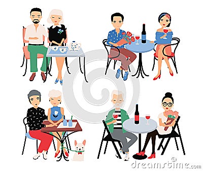 Set of couples on romantic date. Young trendy lovers at table in cafe. Guy and girl sit in embrace, hold hands, drink Vector Illustration