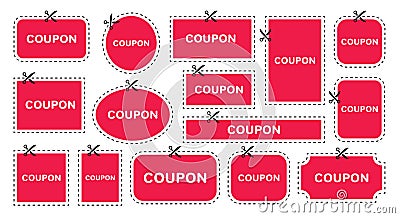 Set of Coupon. Scissors cut template and dashed line. Gift Coupon element template, graphics design. Voucher promo code. Sale, Vector Illustration