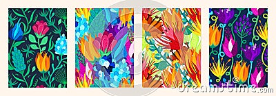 Set of cover templates with beautiful bright flowers. Colorful artistic backgrounds with floral decorations Vector Illustration