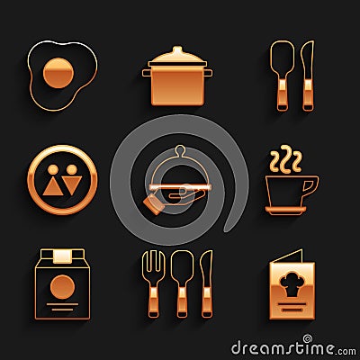 Set Covered with tray of food, Fork, spoon and knife, Cookbook, Coffee cup, Online ordering delivery, Toilet, Knife and Vector Illustration