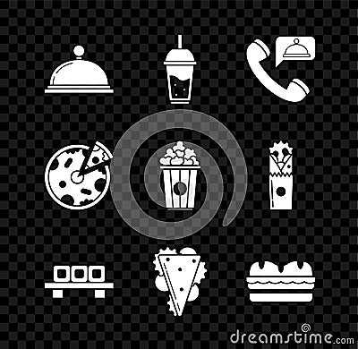 Set Covered with a tray of food, Glass lemonade drinking straw, Food ordering, Sushi cutting board, Sandwich, Pizza and Vector Illustration