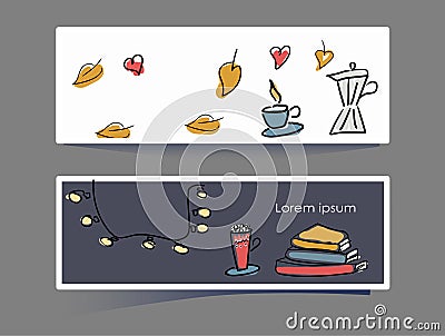 Set of covers or bookmarks in the style of autumn Hygge. Cute coffee pot, a cup of cocoa and a garland - sketchy Vector Illustration