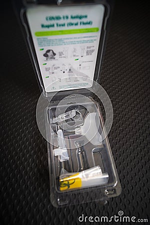 Set of Covid test at home. COVID-19 and Coronavirus saliva test for infection SARS-CoV-2 testing Editorial Stock Photo