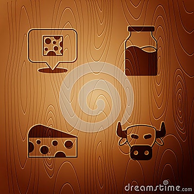 Set Cow head, Cheese, and Bottle with milk on wooden background. Vector Stock Photo