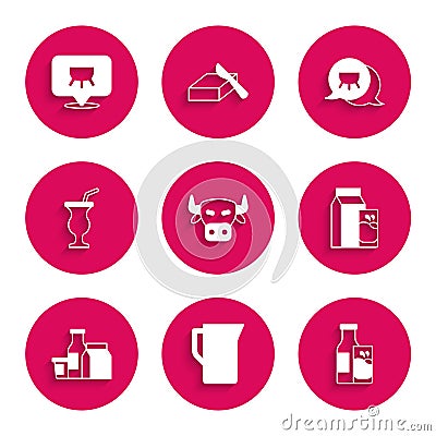 Set Cow head, Milk jug or pitcher, Bottle milk and glass, Paper package for kefir, product, Milkshake, Udder and icon Vector Illustration