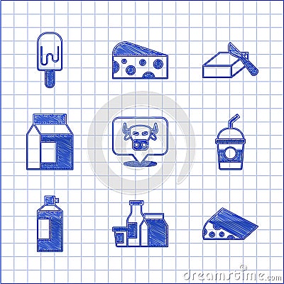 Set Cow head, Milk product, Cheese, Milkshake, Whipped cream in bottle, Paper package for milk, Butter butter dish and Vector Illustration