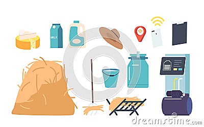 Set Of Cow Livestock Items Includes All Essentials Needed To Care For Animals, Such As Feeder, Waterer, Milking Machine Vector Illustration