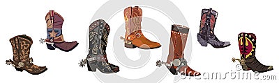 Set of Cowboy boots with spurs vector isolated. Vector Illustration