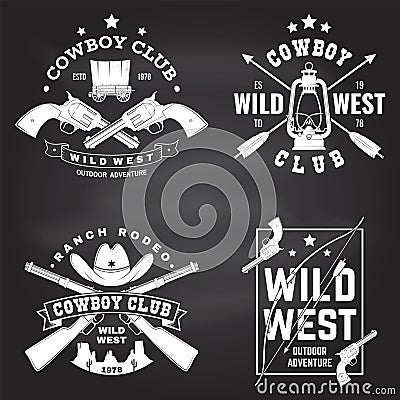 Set of cowboy club badge on chalkboard. Vector. Concept for shirt, logo, print, stamp, tee with cowboy and shotgun Vector Illustration