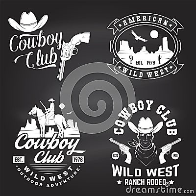 Set of cowboy club badge on chalkboard. Vector. Concept for shirt, logo, print, stamp, tee with cowboy and shotgun Vector Illustration