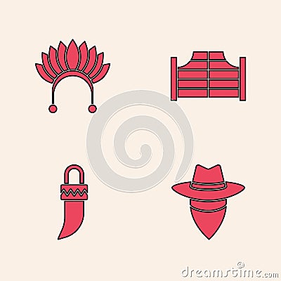 Set Cowboy, Indian headdress with feathers, Saloon door and Tooth icon. Vector Vector Illustration