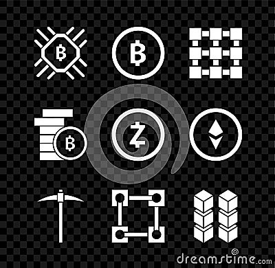 Set CPU mining farm, Cryptocurrency coin Bitcoin, Blockchain technology, Pickaxe, and Zcash ZEC icon. Vector Vector Illustration