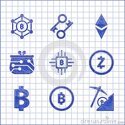 Set CPU mining farm, Cryptocurrency coin Bitcoin, cloud, Zcash ZEC, wallet, Ethereum ETH and Blockchain technology icon Editorial Stock Photo