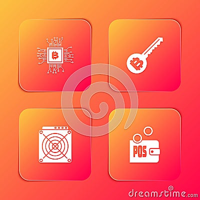 Set CPU mining farm, Cryptocurrency key, ASIC Miner and Proof of stake icon. Vector Vector Illustration