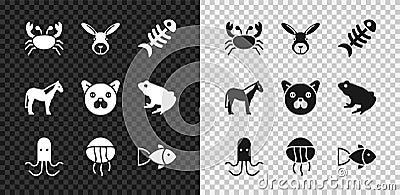 Set Crab, Rabbit head, Fish skeleton, Octopus, Jellyfish, Horse and Cat icon. Vector Vector Illustration