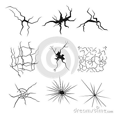 Set of cracks for disaster design. Different types textures break earth, in the wall, glass clefts. Stock Photo