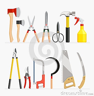 Set of craftsman and gardener tools items. Vector Illustration