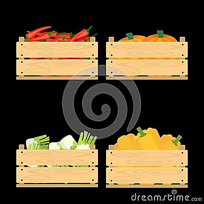 Set of crates with veggies Vector Illustration