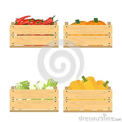 Set of crates with veggies Vector Illustration