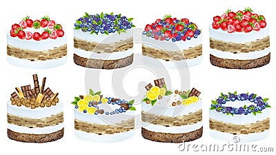 A set of cream cakes decorated with chocolate, berries and fruits. Stock Photo
