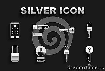 Set Create account screen, Locked key, Undefined, Unlocked, Key, Mobile and graphic password and Marked icon. Vector Vector Illustration