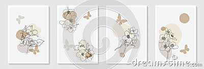 Set of creative minimalist hand draw illustrations floral outline, butterfly silhouette and pastel biege simple shape for wall Vector Illustration