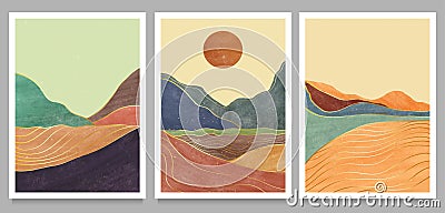 Set of creative minimalist hand painted illustrations of Mid century modern. Natural abstract landscape background Vector Illustration