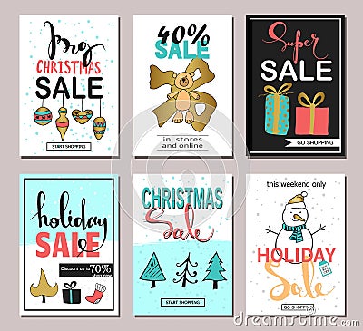 Set of creative sale holiday website banner templates. Christmas and New Year hand drawn illustrations for social media banners Cartoon Illustration