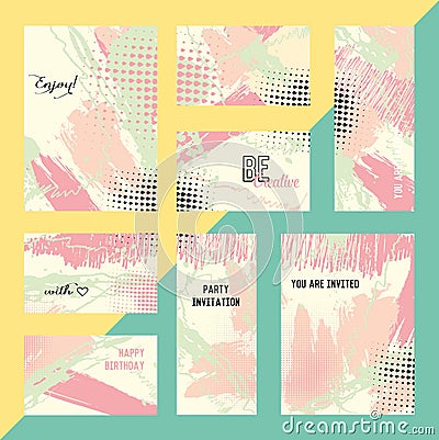Set of creative universal cards. Wedding, anniversary, birthday, Valentine s day, party. Hand Drawn textures. Design for Vector Illustration