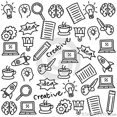 Set of creativity doodle element such as brain, lamp, computer, rocket and more Stock Photo