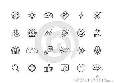 Set of 24 Creativity and Idea web icons in line style. Creativity, Finding solution, Brainstorming, Creative thinking, Brain. Vector Illustration