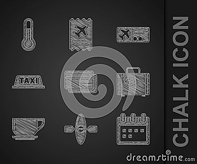 Set Credit card, Kayak or canoe, Calendar, Suitcase, Coffee cup, Taxi roof, Airline ticket and Meteorology thermometer Stock Photo