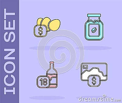 Set Credit card, Price tag for egg, Wine bottle and Coffee jar icon. Vector Vector Illustration