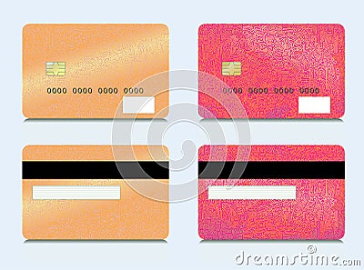 Set of credit cards on the front and rear. Design of plastic cards in red and gold tones. Vector Illustration