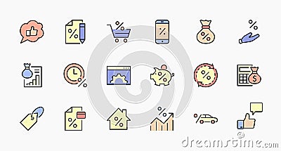 Set of Credit and Loan Related Vector Line Icons. Contains such Icons as Credit Card, Rate Calculator, Deposit and more Vector Illustration