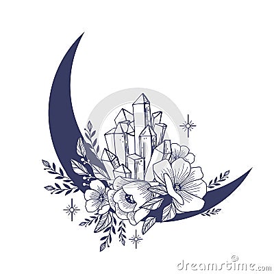 Set of Crescent moons with flower, Flower Moon, Floral magic celestial clipart, Blooming Moon with Stars and crystals Vector Illustration