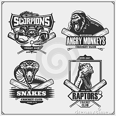 Set of cricket badges, labels and design elements. Sport club emblems with lion, cobra, raptor dinosaur and scorpion. Vector Illustration