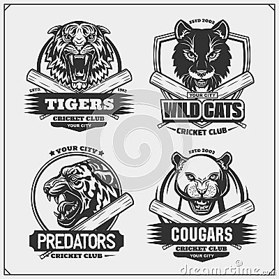 Set of cricket emblems, badges, logos and labels with tiger, cougar and wildcat. Print design for t-shirt. Vector Illustration